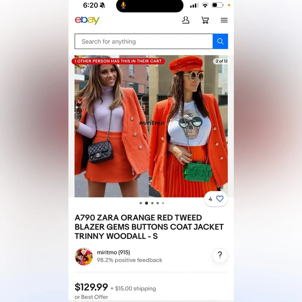 Zara Bright Orange Red Tweed Diamond Button Blazer - Picture 3 of 15